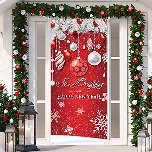 Christmas Door Cover Decoration Merry Christmas Tree Ornament Ball Photography Backdrop Outdoor Sign for Home Wall Indoor Outdoor Party