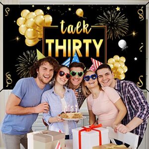 Happy 30th Birthday Banner Decorations for Him &Her - Talk Thirty to Me Backdrop Party Supplies Décor - Black Gold Large Thirty Birthday Poster Sign for Outdoor Indoor