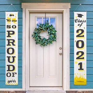 class of 2021 graduation banners, hanging flags porch sign, white and black graduation banner flags for party supplies, graduation party decorations supplies for indoor outdoor home door décor