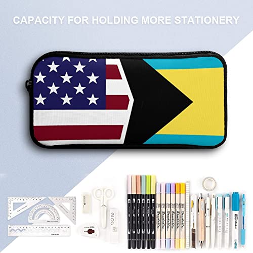 American and Bahamas Flag Pencil Case Stationery Pen Pouch Portable Makeup Storage Bag Organizer Gift