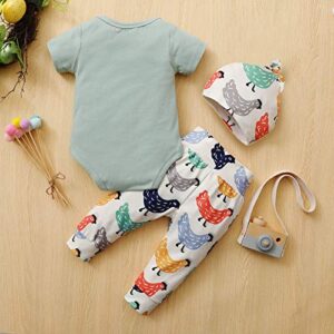 Shan-S Newborn Infant Baby Boys Girls Romper Bodysuit T-Shirt Top+Cartoon Chicken Printed Pants Hat 3PCS Outfits Set Green 3-6 Months