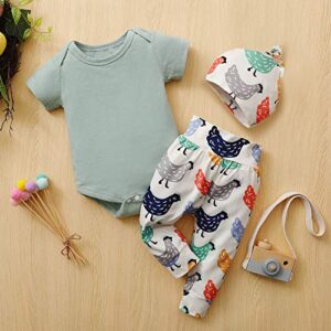 Shan-S Newborn Infant Baby Boys Girls Romper Bodysuit T-Shirt Top+Cartoon Chicken Printed Pants Hat 3PCS Outfits Set Green 3-6 Months