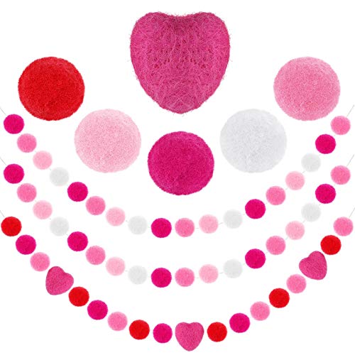 Tatuo 3 Pieces Valentine's Day Wool Felt Ball Garland 6.56 Ft Valentines Pom Pom Garland Banner Felt Heart Hanging Garland for Valentine's Day Wall Indoor Outdoor Home Party Supplies