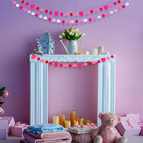 Tatuo 3 Pieces Valentine's Day Wool Felt Ball Garland 6.56 Ft Valentines Pom Pom Garland Banner Felt Heart Hanging Garland for Valentine's Day Wall Indoor Outdoor Home Party Supplies