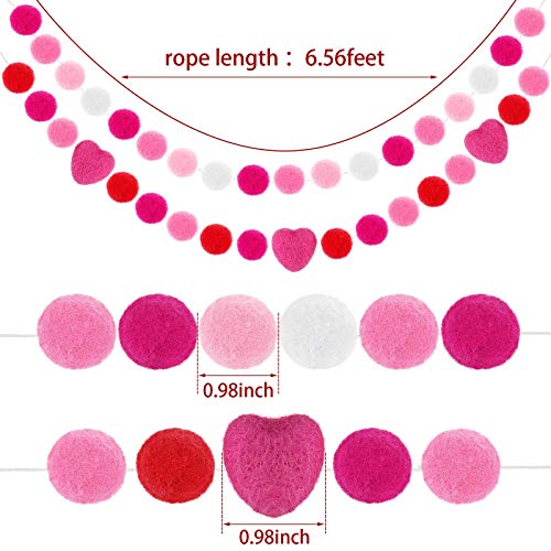 Tatuo 3 Pieces Valentine's Day Wool Felt Ball Garland 6.56 Ft Valentines Pom Pom Garland Banner Felt Heart Hanging Garland for Valentine's Day Wall Indoor Outdoor Home Party Supplies