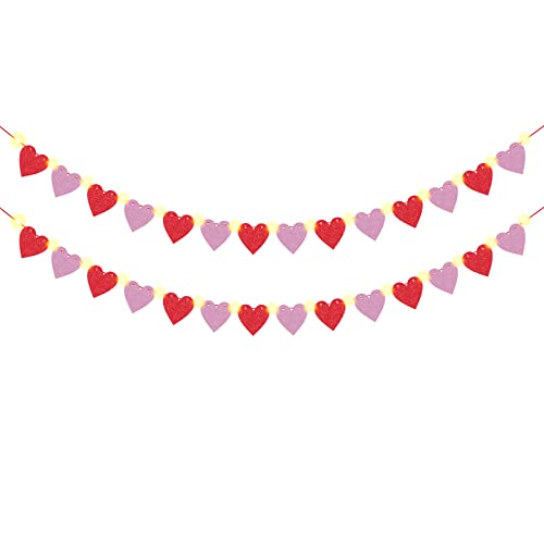 2 Pieces Heart Garland Banner for Valentines Day with Warm Led Lights Decorations Red Pink Heart Felt Banners Garland for Fireplace, Anniversary, Wedding, Engagement Party Home Decor (Style 3)