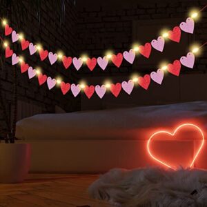 2 Pieces Heart Garland Banner for Valentines Day with Warm Led Lights Decorations Red Pink Heart Felt Banners Garland for Fireplace, Anniversary, Wedding, Engagement Party Home Decor (Style 3)