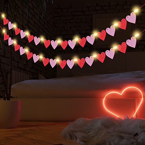 2 Pieces Heart Garland Banner for Valentines Day with Warm Led Lights Decorations Red Pink Heart Felt Banners Garland for Fireplace, Anniversary, Wedding, Engagement Party Home Decor (Style 3)