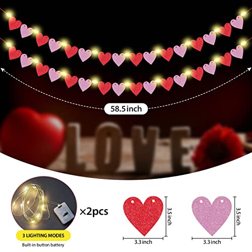 2 Pieces Heart Garland Banner for Valentines Day with Warm Led Lights Decorations Red Pink Heart Felt Banners Garland for Fireplace, Anniversary, Wedding, Engagement Party Home Decor (Style 3)