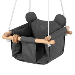mlian secure canvas and wooden baby hanging swing seat chair indoor and outdoor hammock backyard outside swing kids toys swings 6-36 months with ear décor cushion and natural wooden ring, grey