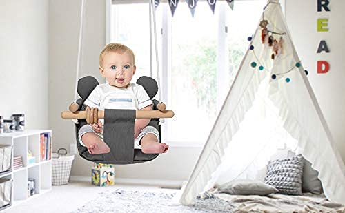 Mlian Secure Canvas and Wooden Baby Hanging Swing Seat Chair Indoor and Outdoor Hammock Backyard Outside Swing Kids Toys Swings 6-36 Months with Ear Décor Cushion and Natural Wooden Ring, Grey