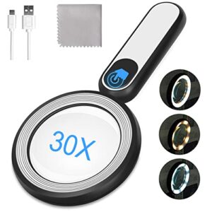 arsir rechargeable magnifying glass with light, 30x 4.7in handheld large lightweight lighted magnify lens 21 led 3 modes illuminated book magnifier for kids,seniors,reading,inspection,coin,jewelry