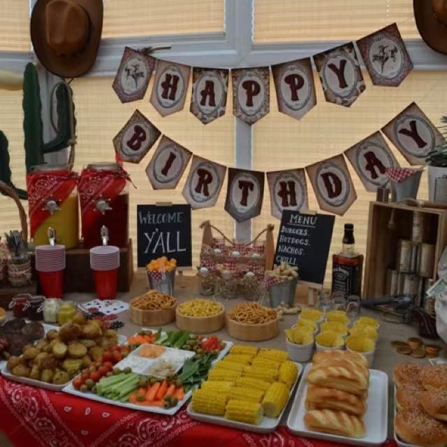 Cowboy Birthday Banner,Wild Western Bday Party Sign, Wooden House Barn Bunting, Birthday Decorations