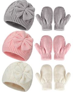 satinior 6 pieces baby winter hats infant winter warm knitted hat gloves set toddler beanie mitten gloves set newborn baby classic beanie warm knitted hats with bow, gray, white and pink