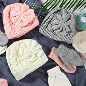 SATINIOR 6 Pieces Baby Winter Hats Infant Winter Warm Knitted Hat Gloves Set Toddler Beanie Mitten Gloves Set Newborn Baby Classic Beanie Warm Knitted Hats with Bow, Gray, White and Pink