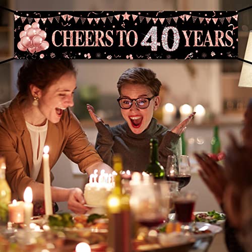 40th Birthday Banner Decorations for Women, Rose Gold Cheers to 40 Years Birthday Sign Party Supplies, Forty Birthday Party Decor Photo Booth Props for Indoor Outdoor