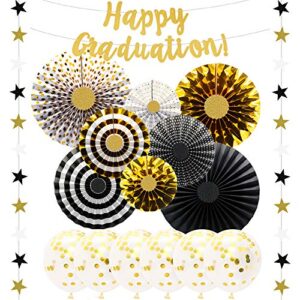 KAXXI Graduation Decorations 2023 Black and Gold, Happy Graduation Banners with Paper Fans Star Garland Confetti Balloons Set for Grad Party Supplies