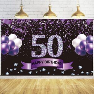 trgowaul happy 50th birthday decorations for her, purple happy 50 birthday backdrop banner for women, 50 years old bday party supplies photography background birthday sign poster decor gift for girls