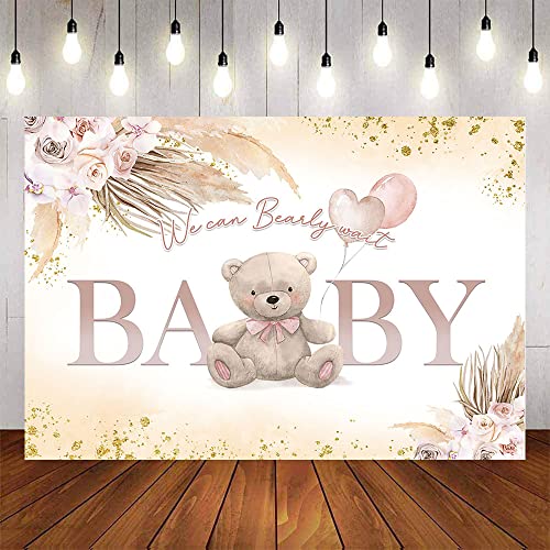 Aumeko Boho Bear Baby Shower Backdrop Bohemian Pampas Grass Pink Bear Baby Shower Background We can Bearly Wait Couples Co-Ed Shower Banner Decoration Supplies for Girls