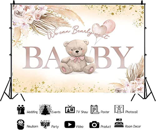 Aumeko Boho Bear Baby Shower Backdrop Bohemian Pampas Grass Pink Bear Baby Shower Background We can Bearly Wait Couples Co-Ed Shower Banner Decoration Supplies for Girls