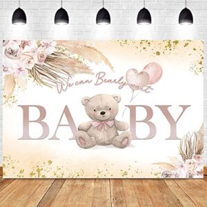 Aumeko Boho Bear Baby Shower Backdrop Bohemian Pampas Grass Pink Bear Baby Shower Background We can Bearly Wait Couples Co-Ed Shower Banner Decoration Supplies for Girls