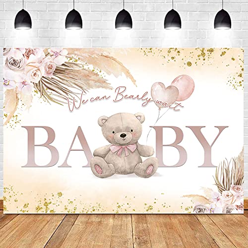 Aumeko Boho Bear Baby Shower Backdrop Bohemian Pampas Grass Pink Bear Baby Shower Background We can Bearly Wait Couples Co-Ed Shower Banner Decoration Supplies for Girls