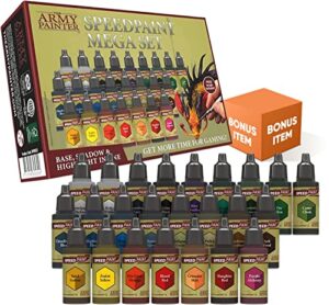 the army painter speedpaint mega set – 24 x 18ml speed model paint kit pre loaded with mixing balls and 1 brush model paint set for plastic models with free bonus item