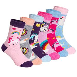 children’s wool socks boys girls warm winter thick cozy thermal heavy boot crew socks for kids toddlers 6 pairs(unicorn,4-7 years)