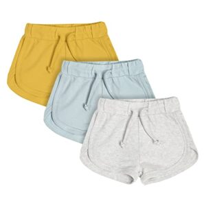 teach leanbh baby boys girls 3 pack athletic shorts cotton soild color with drawstring (6-12 months, yellow/powder blue/grey)