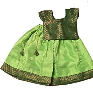 TRADITIONINDIA Green Chanderi & Dupion Fabric Short Sleeve Party & Wedding Wear Pattu Pavadai Lehenga Choli for Kids (Size 0-6 Months) (Color-Green)
