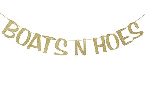 Boats N' Hoes Banner Sign Garland Gold Glitter for Bachelorette Nautical Theme Engagement Bridal Shower Birthday Decor Photo Booth Props