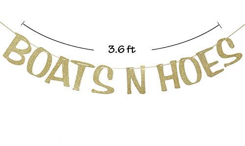 Boats N' Hoes Banner Sign Garland Gold Glitter for Bachelorette Nautical Theme Engagement Bridal Shower Birthday Decor Photo Booth Props