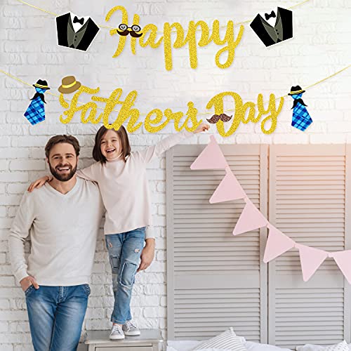 Partyprops Happy Father's Day Banner Gold Glitter - Father's Day Decorations - Fathers Day Party Decorations - Father's Day Bunting Banner - Fathers Day Garlands - Fathers Day Family Photo Backdrop