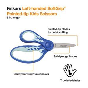 Fiskars Kids Scissors, Left Handed Scissors for Kids, Scissors for school, SoftGrip, 5 Inch, Blue Lightning