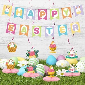 asunine easter party decorations happy easter banner hanging swirl with honeycomb centerpieces easter eggs bunny table decorations for home office school classroom party supplies