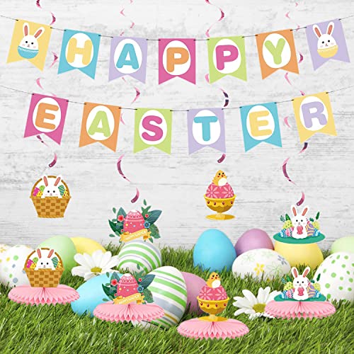 ASunine Easter Party Decorations Happy Easter Banner Hanging Swirl with Honeycomb Centerpieces Easter Eggs Bunny Table Decorations for Home Office School Classroom Party Supplies