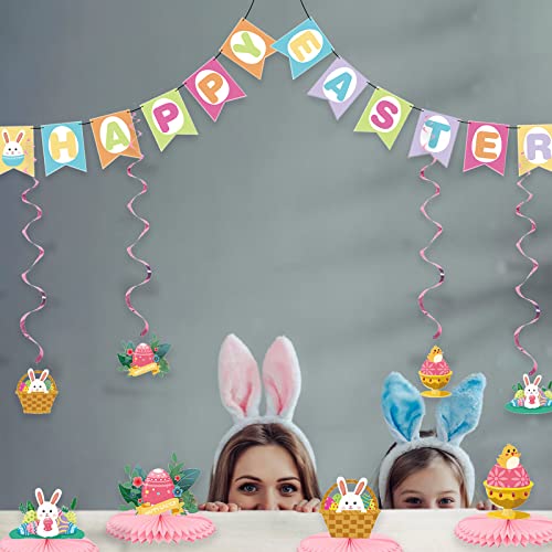 ASunine Easter Party Decorations Happy Easter Banner Hanging Swirl with Honeycomb Centerpieces Easter Eggs Bunny Table Decorations for Home Office School Classroom Party Supplies