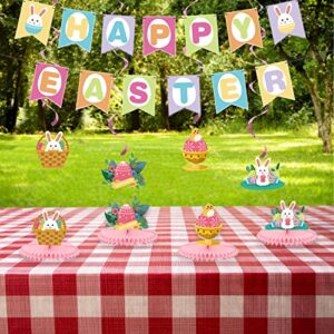 ASunine Easter Party Decorations Happy Easter Banner Hanging Swirl with Honeycomb Centerpieces Easter Eggs Bunny Table Decorations for Home Office School Classroom Party Supplies