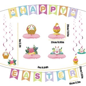 ASunine Easter Party Decorations Happy Easter Banner Hanging Swirl with Honeycomb Centerpieces Easter Eggs Bunny Table Decorations for Home Office School Classroom Party Supplies