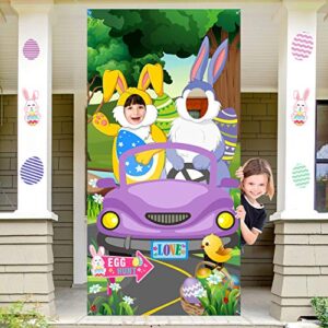 easter party decorations bunnies in motion photo door banner, large fabric easter backdrop photo door banner background, funny egg hunt game supplies for easter party decorations, 6 x 3 feet