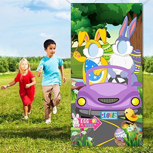 Easter Party Decorations Bunnies in Motion Photo Door Banner, Large Fabric Easter Backdrop Photo Door Banner Background, Funny Egg Hunt Game Supplies for Easter Party Decorations, 6 x 3 Feet