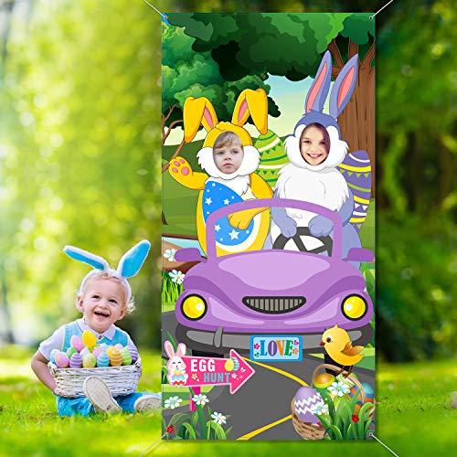 Easter Party Decorations Bunnies in Motion Photo Door Banner, Large Fabric Easter Backdrop Photo Door Banner Background, Funny Egg Hunt Game Supplies for Easter Party Decorations, 6 x 3 Feet