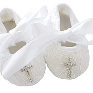 LilPinkGoose 0-18M Ivory & White Baby Girls Newborn Lace Baptism Shoes Toddler Wedding Dress Shoes (White Shoes with Cross, us_Footwear_Size_System, Infant, Women, Age, Medium, 0_Months)