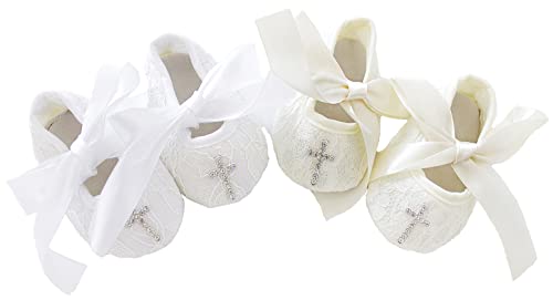 LilPinkGoose 0-18M Ivory & White Baby Girls Newborn Lace Baptism Shoes Toddler Wedding Dress Shoes (White Shoes with Cross, us_Footwear_Size_System, Infant, Women, Age, Medium, 0_Months)