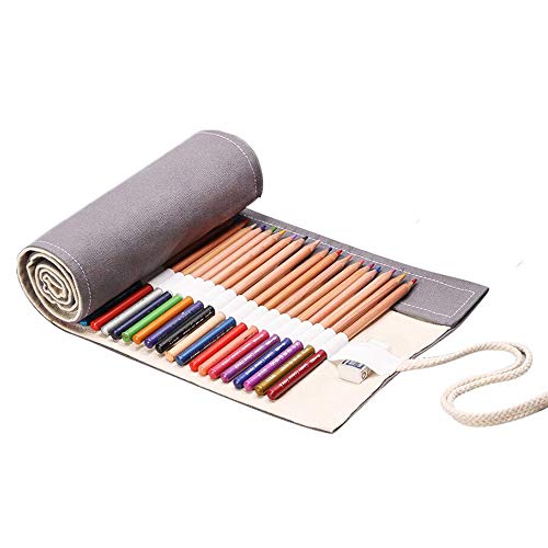 DZHJKIO Handmade Canvas Pencil Roll Wrap 36 Holes, Multiuse Roll Up Pencil Case Large Capacity Pen Curtain for Coloring Pencil Holder Organizer, Grey