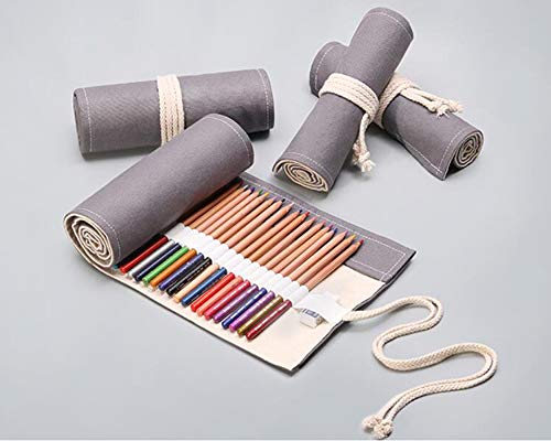 DZHJKIO Handmade Canvas Pencil Roll Wrap 36 Holes, Multiuse Roll Up Pencil Case Large Capacity Pen Curtain for Coloring Pencil Holder Organizer, Grey