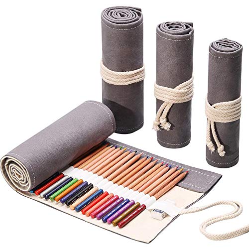 DZHJKIO Handmade Canvas Pencil Roll Wrap 36 Holes, Multiuse Roll Up Pencil Case Large Capacity Pen Curtain for Coloring Pencil Holder Organizer, Grey