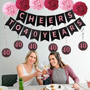 Rose Gold 40th Birthday Party Decorations Kit for Women - Cheers to 40 Years Banner, 6Pcs Celebration 40 Hanging Swirls, 6Pcs Pom Poms - 40 Years Old Party Supplies 40th Anniversary Decorations