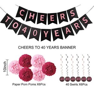 Rose Gold 40th Birthday Party Decorations Kit for Women - Cheers to 40 Years Banner, 6Pcs Celebration 40 Hanging Swirls, 6Pcs Pom Poms - 40 Years Old Party Supplies 40th Anniversary Decorations