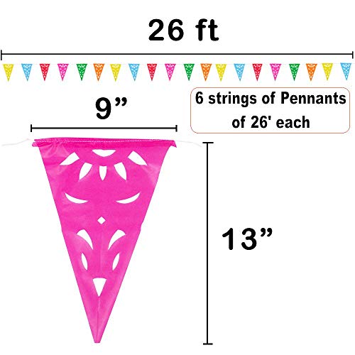 Pennant Banner Plastic Flags - Pack of 6 Multicolor Party Banners, 156 Foot Total Length (26 Foot Long Each) - Cinco de Mayo Fiesta Decoration